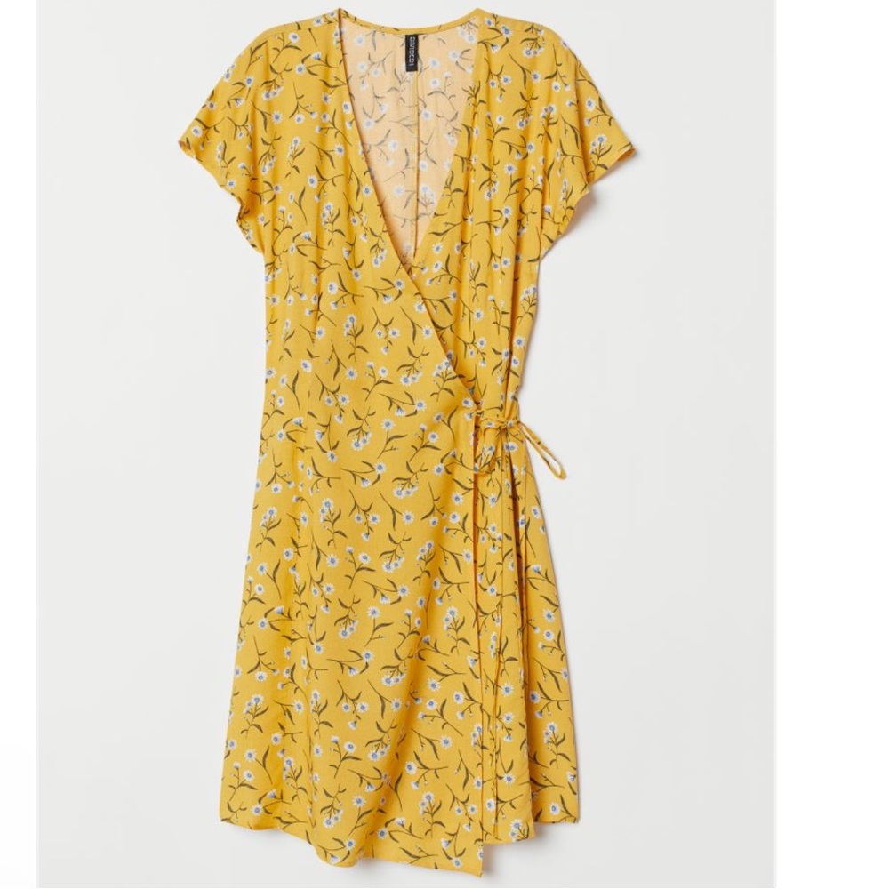 H&M Divided Yellow Floral Patterned Wrap-Front Dress